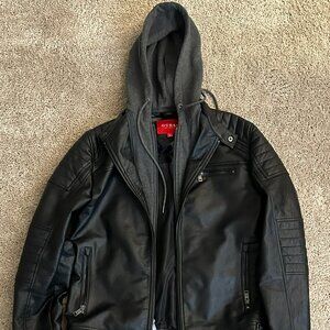 Guess Black + Grey Leather Hooded Jacket